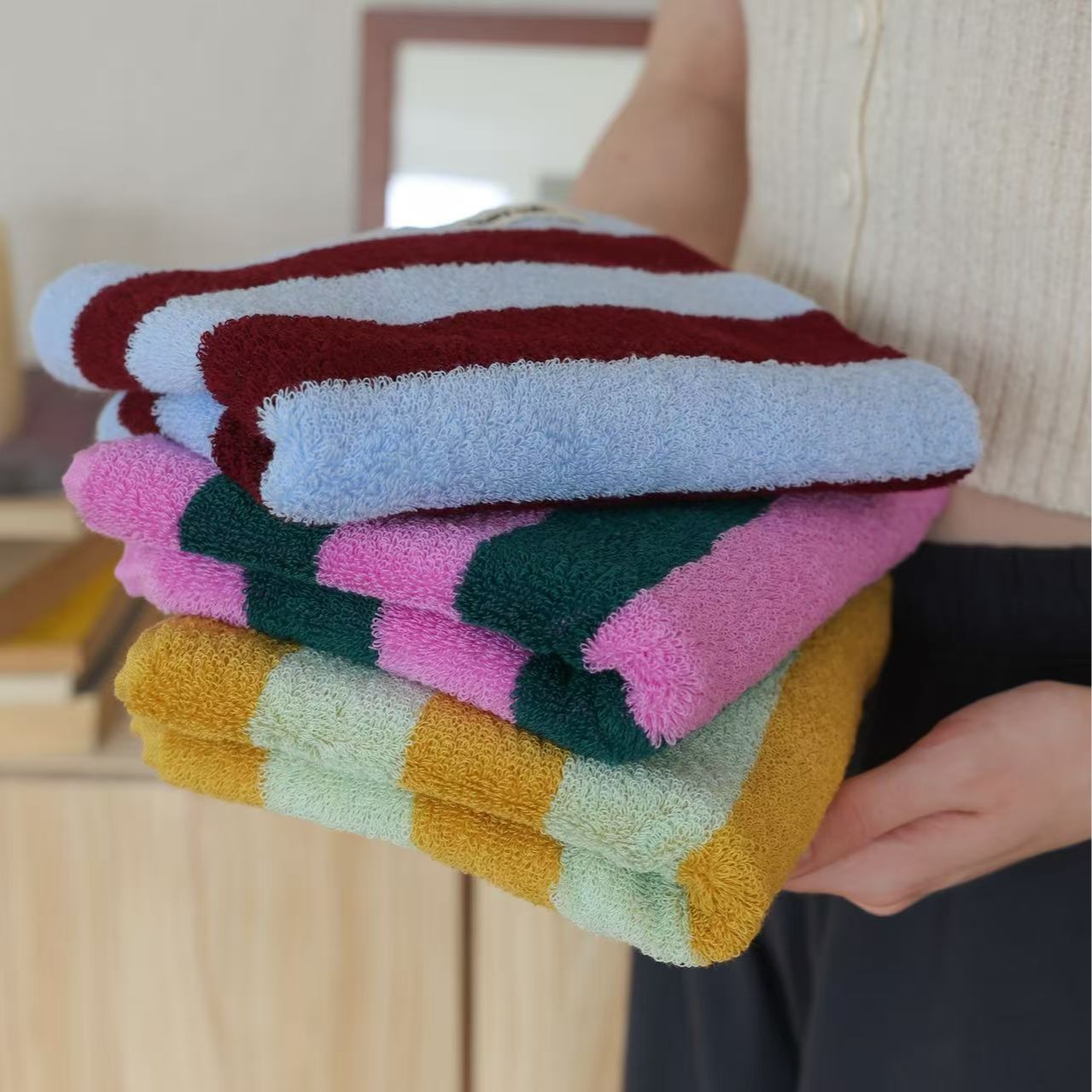 Home Textiles Face Towel - Retro Striped Pure Cotton Towels Soft